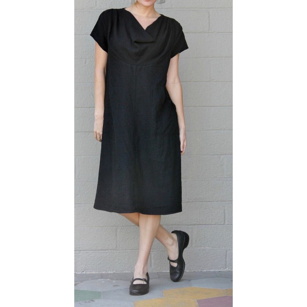Mosaic USA XL Black 100% Preshrunk Linen Lagenlook Cowl Neck Tunic Dress Artsy